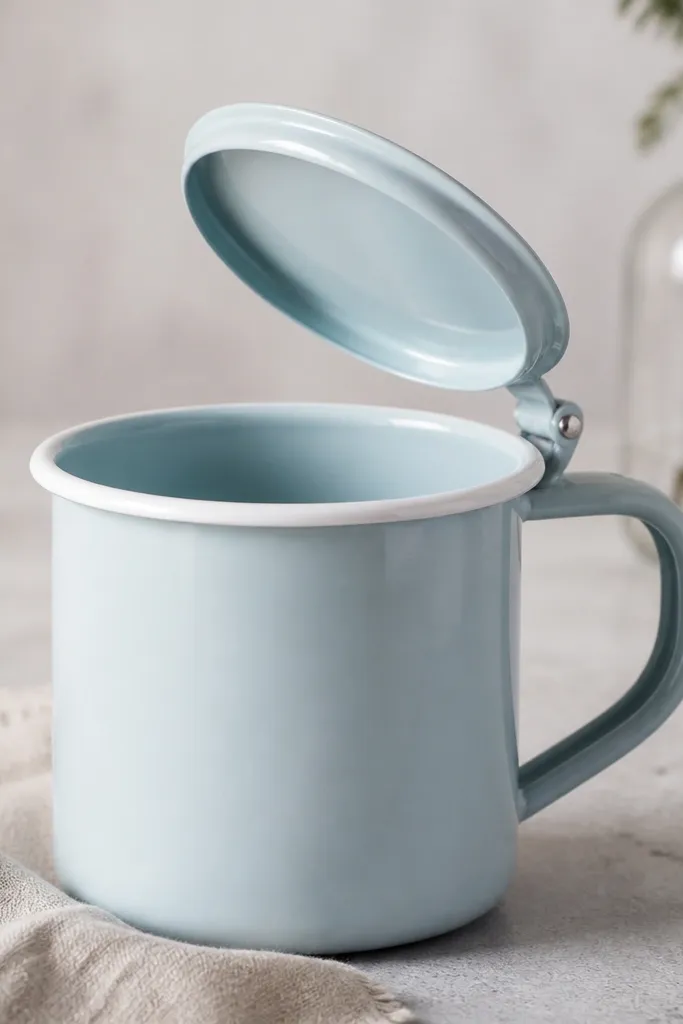 A pale blue mug with a white faux enamel border around the top. The top has a hinged lid made from a small metal tin piece, painted the same blue. Inside the opening, the rim is clean and glossy.