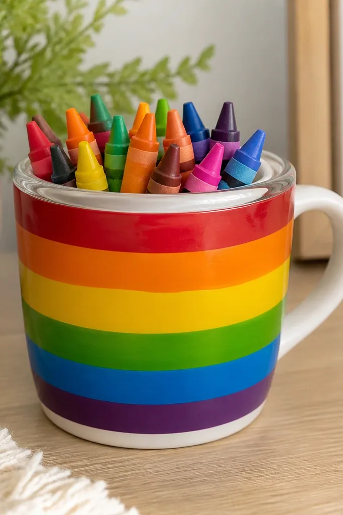 A white mug painted with thick rainbow block stripes (red, orange, yellow, green, blue, purple). The top opening is ringed with a clear glossy band. The inside is left plain to grip crayon sticks.