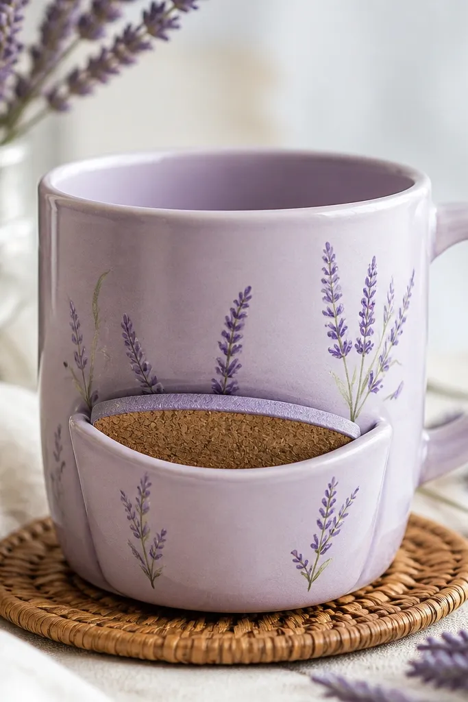 A pale lavender mug with hand-lettered style labels and small sprigs of lavender. Inside a front storage area is a visible cork insert painted lavender around the edges, with a small opening showing where items go.