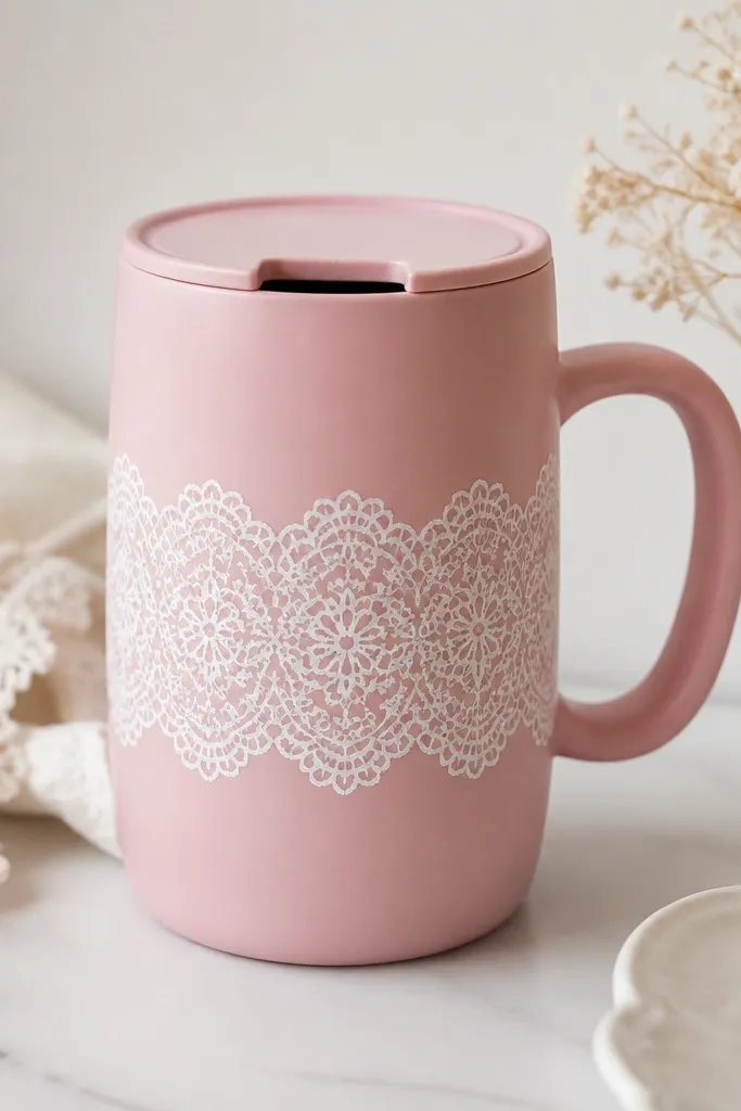 A soft pink mug with a lace pattern stencil painted in white around the middle. The top has a slot cut line with a snap-on lid piece. The slot area is unpainted and clean.