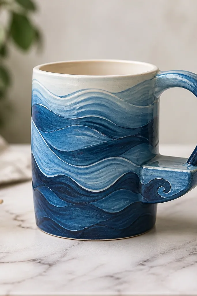 A mug painted with blue ocean waves in layered strokes. On the back side is a small horizontal shelf under the handle area, painted the same blue, with a curved wave motif on the shelf face.