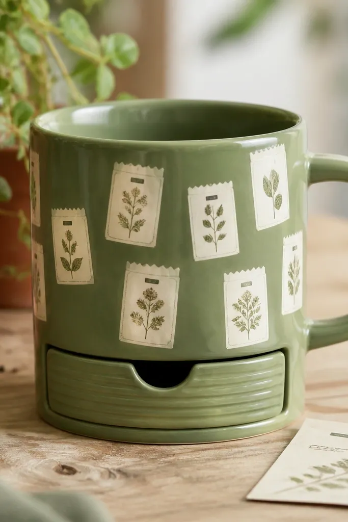 A green mug painted with little seed packet illustrations in off-white, each with a tiny 'label' stripe. The front has a pull-out tray panel at the bottom with a textured grip line.