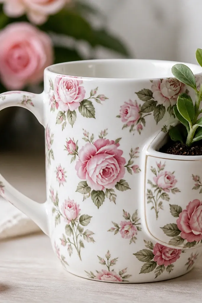A white mug covered in pink rose blossoms with green leaves. On the right side is a small planter-like pocket bordered by a thin raised frame, showing a painted soil texture inside.