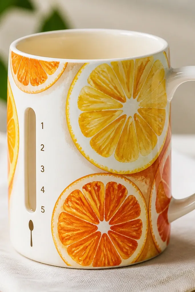 A mug painted with bright orange and yellow citrus slices around the outside, with a white pith ring. On the left side is a narrow vertical slot labeled with small painted numbers and a tiny spoon icon at the bottom.