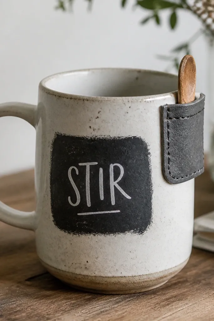 A charcoal chalkboard patch painted on the mug front with a white hand-lettered 'STIR'. On the right side near the top is a small side pocket made from painted fabric or faux leather, stitched and visible.