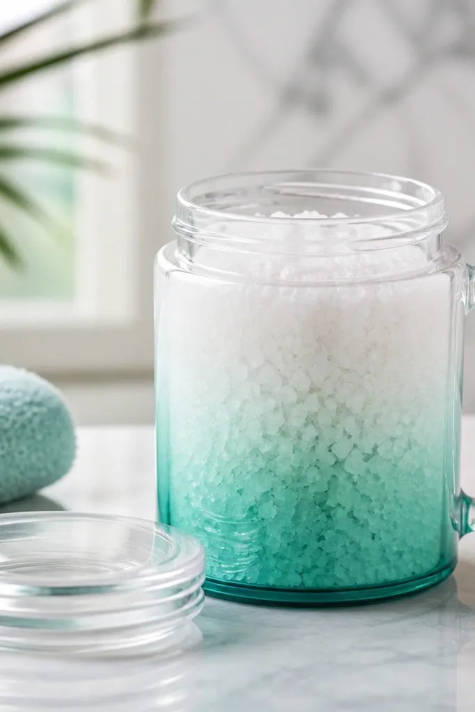 A clear-lidded bath salts mug with an ombre gradient from white at the top to teal at the bottom. A visible clear plastic liner jar sits inside the mug so the salts stay contained. The liner top is exposed and unpainted.