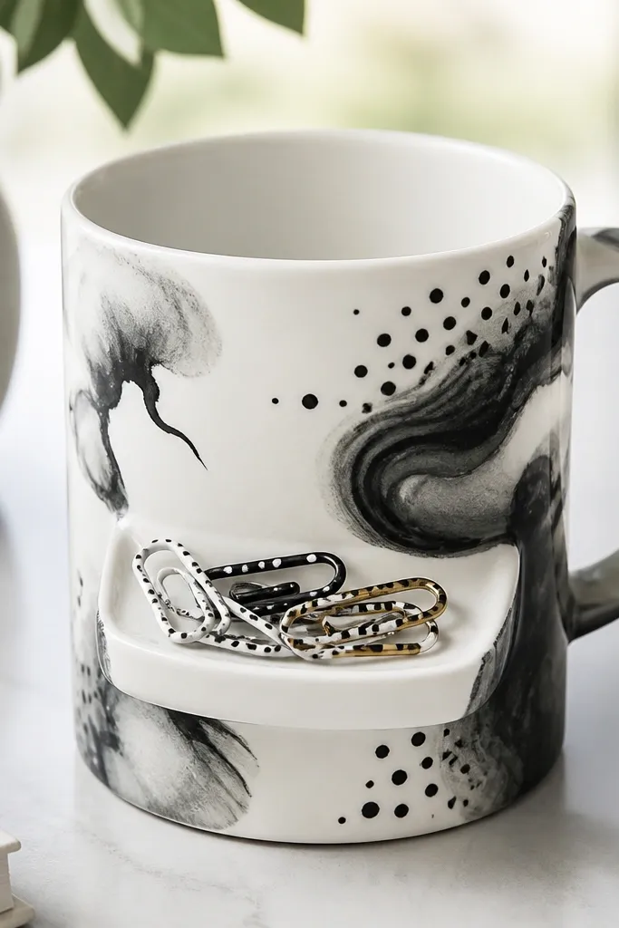 A black-and-white mug with ink-style swirls and dot clusters. A small ledge on the front holds a handful of painted paper clip shapes, and the ledge has a crisp edge line.