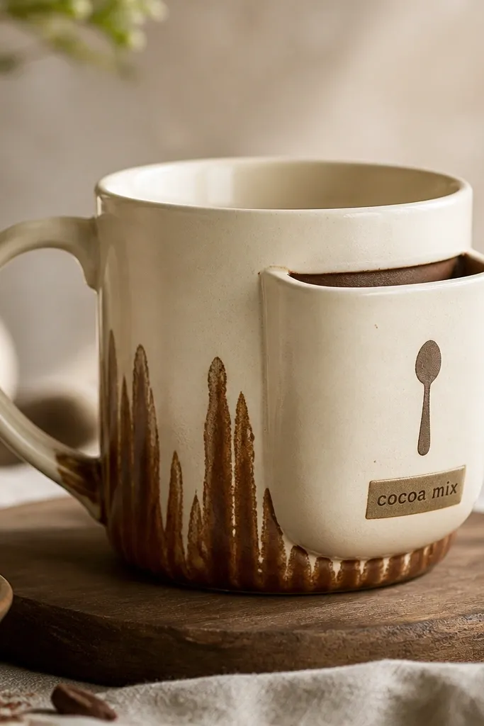 A warm cream mug with brown drip paint along the lower half. On the right side is a pocket area with a spoon icon and a small label that reads cocoa mix. The pocket has a defined top opening line and a slightly darker interior.
