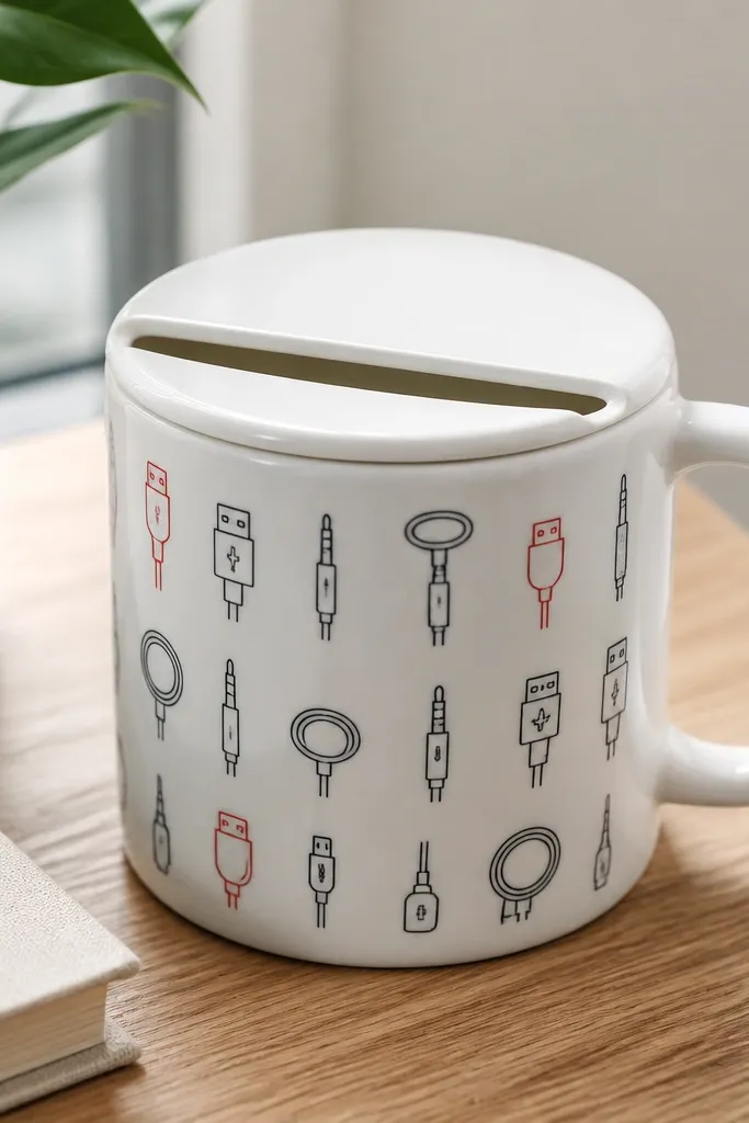 A white mug painted with tiny cord icons and labels in black and red. The top has a wide slot cut into the lid area, with a clean opening line. The slot edges are sealed and glossy.