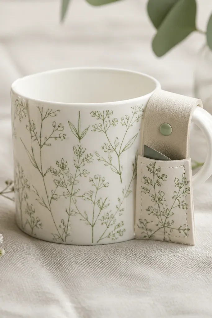 A mug with fine green botanical line drawings and tiny leaf clusters. The storage is a sleeve around part of the handle area with a pocket opening, painted the same green linework, and a small button-like dot at the top.