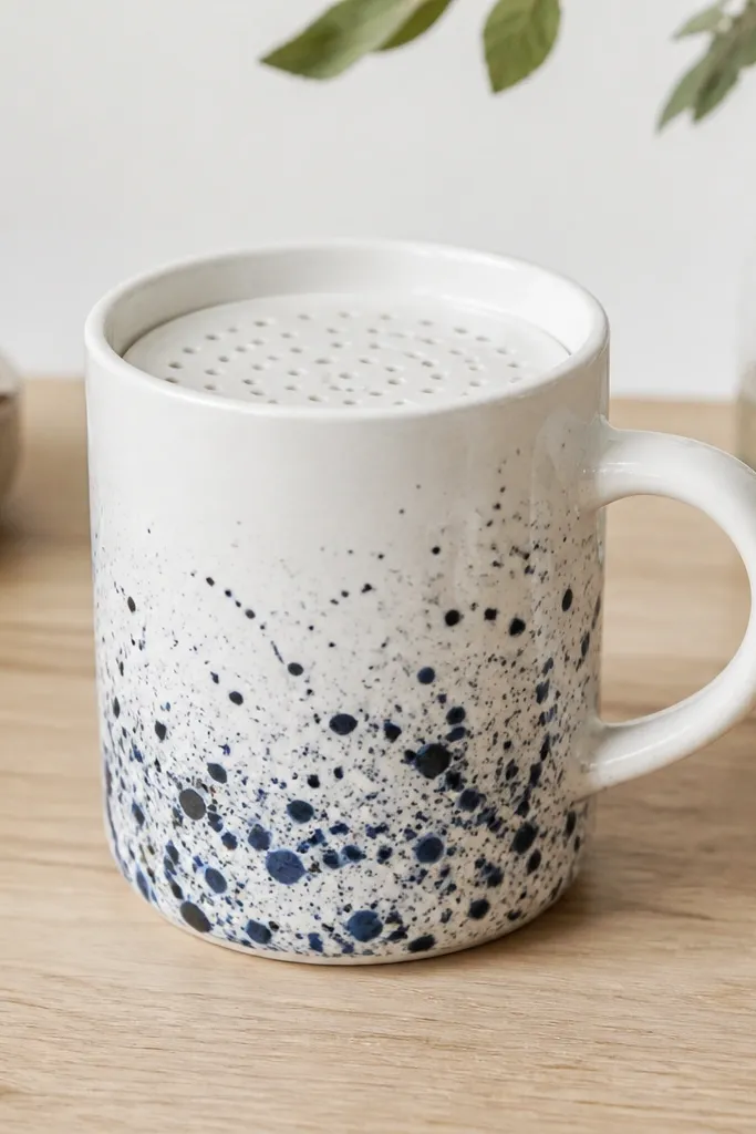 A white mug with blue and black splatter art across the lower half. The top has a removable strainer disk sitting just inside the rim. The strainer holes are visible and the rim is clean.
