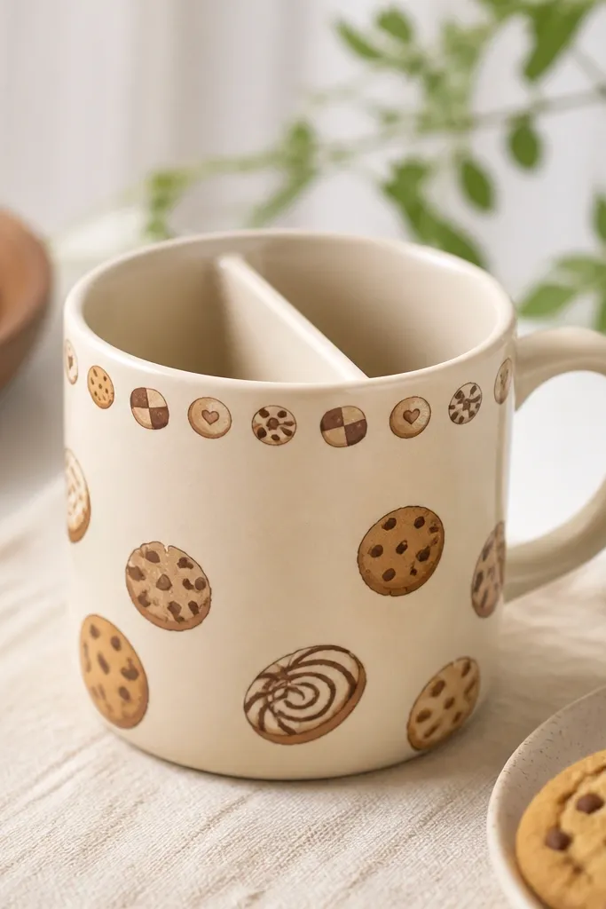 A light beige mug painted with small cookie illustrations in warm browns and cream. Inside the top opening, there's a snap-in divider that creates two sections. The outside has a clean cookie border near the rim.