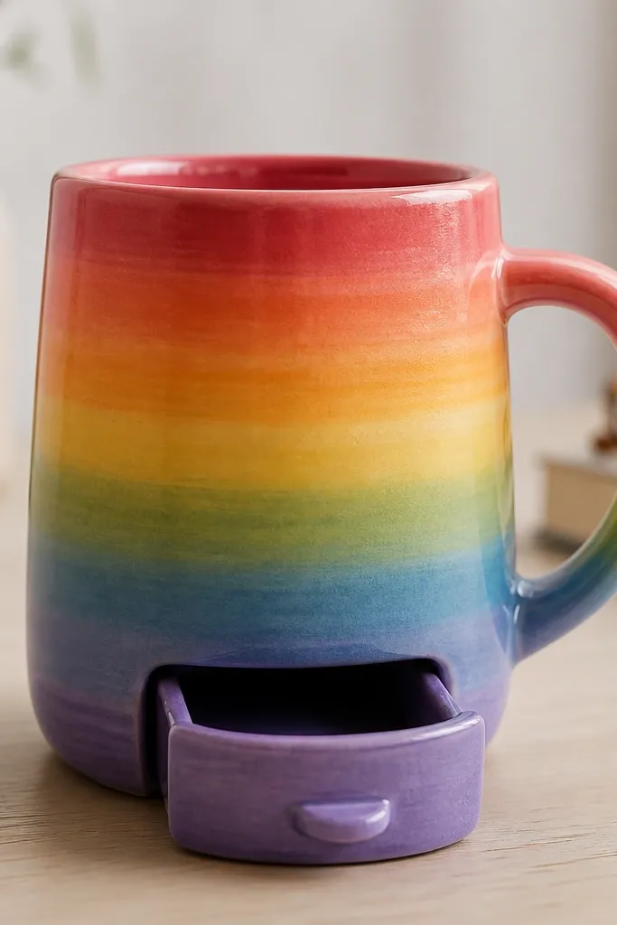 A mug painted with rainbow ombré bands from top to bottom. At the base front, there is a small drawer-like opening painted in a matching color with a tiny handle tab drawn on the drawer face.
