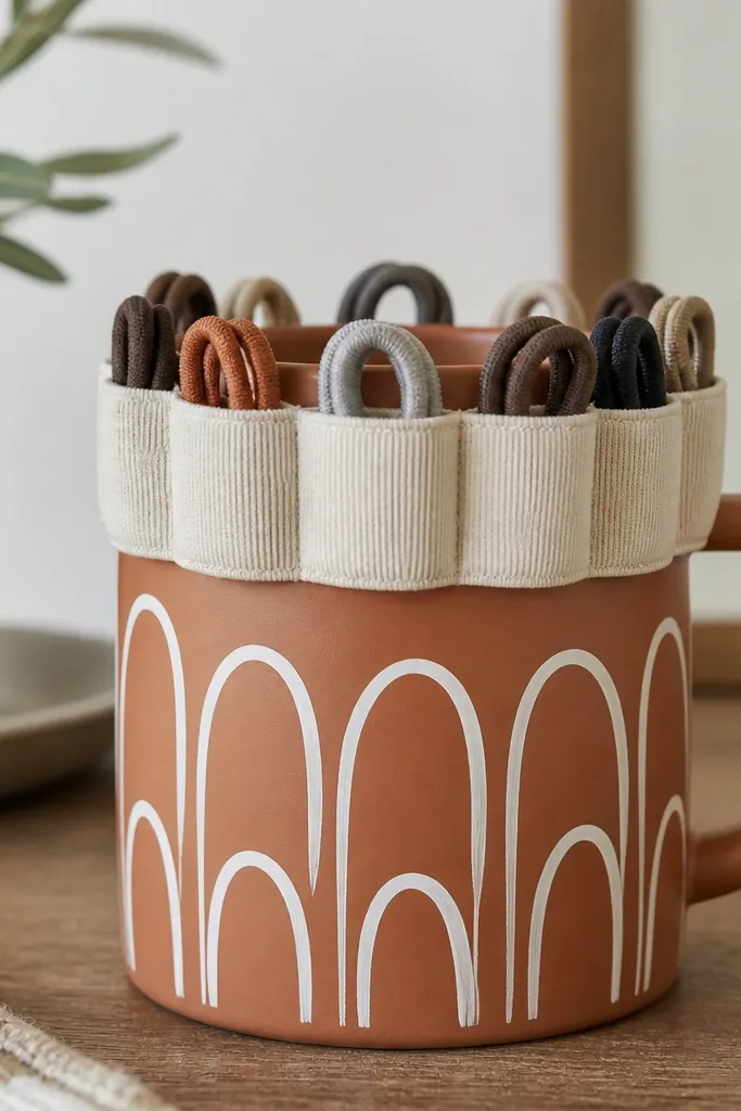 A terracotta-colored mug with white painted arch shapes across the front. Around the upper rim is a fabric elastic band with small loop pockets. Hair ties sit in the loops, visible from the top.