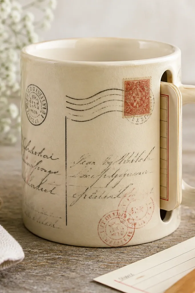 A mug painted like a vintage postcard with cream background, faded stamps, and simple black/red script. A vertical side slot shows where a small recipe card would slide in, with a faux card edge painted inside.