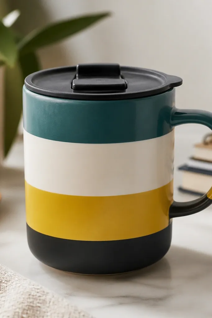 A mug painted with bold color-block stripes in teal, yellow, and black. The front stripe has a clear writable label area. A flip lid sits on top with a small handle tab.