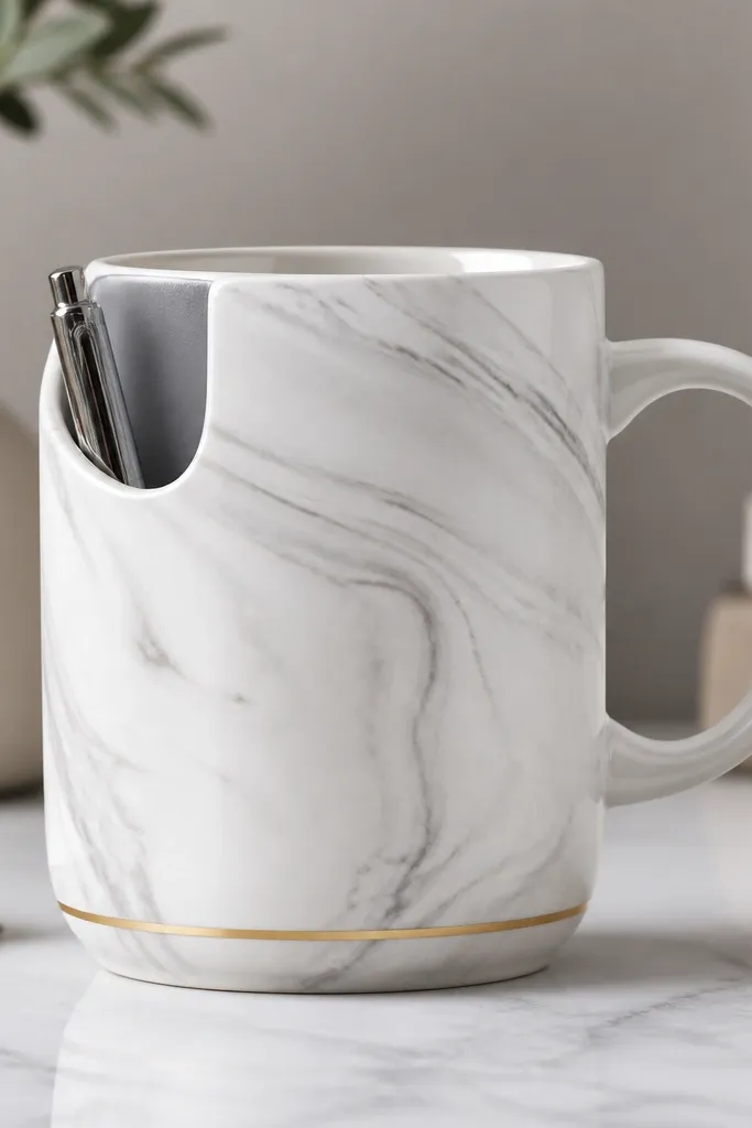 A white mug with gray marble swirls and a thin gold line border near the bottom. On the upper left side is a hidden-looking pocket opening that reveals a small pen inside, with the pocket interior painted light gray.