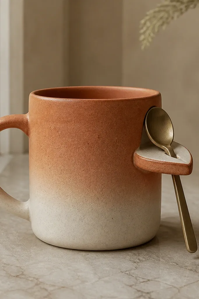 A mug with a terra cotta to cream fade. On the right side is a small shelf that sticks out slightly, painted with a darker terracotta border, with a spoon resting illustration on the shelf.