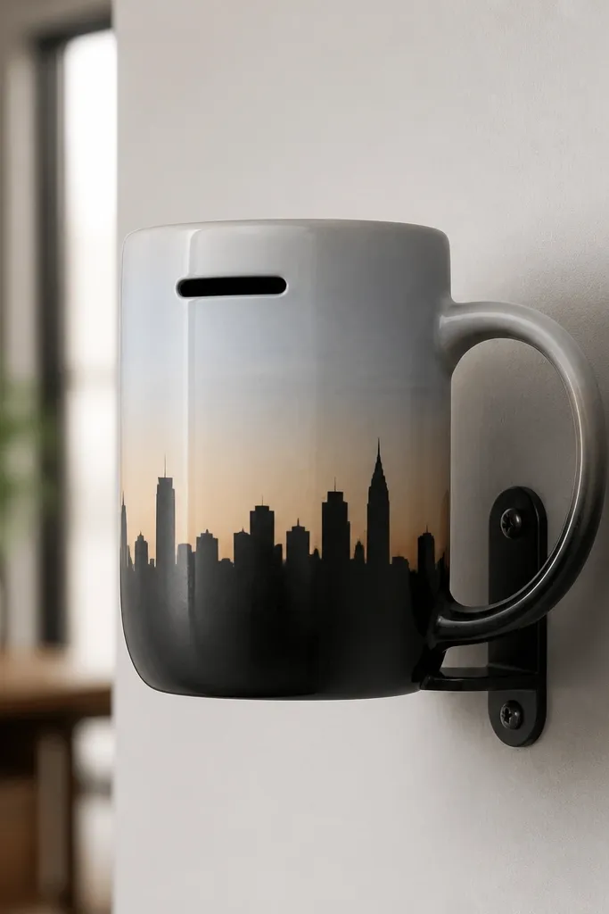 A mug painted with a black skyline silhouette and pale sky gradients. The mug is mounted on a wall by a small bracket. On the side near the top is a narrow key slot opening.