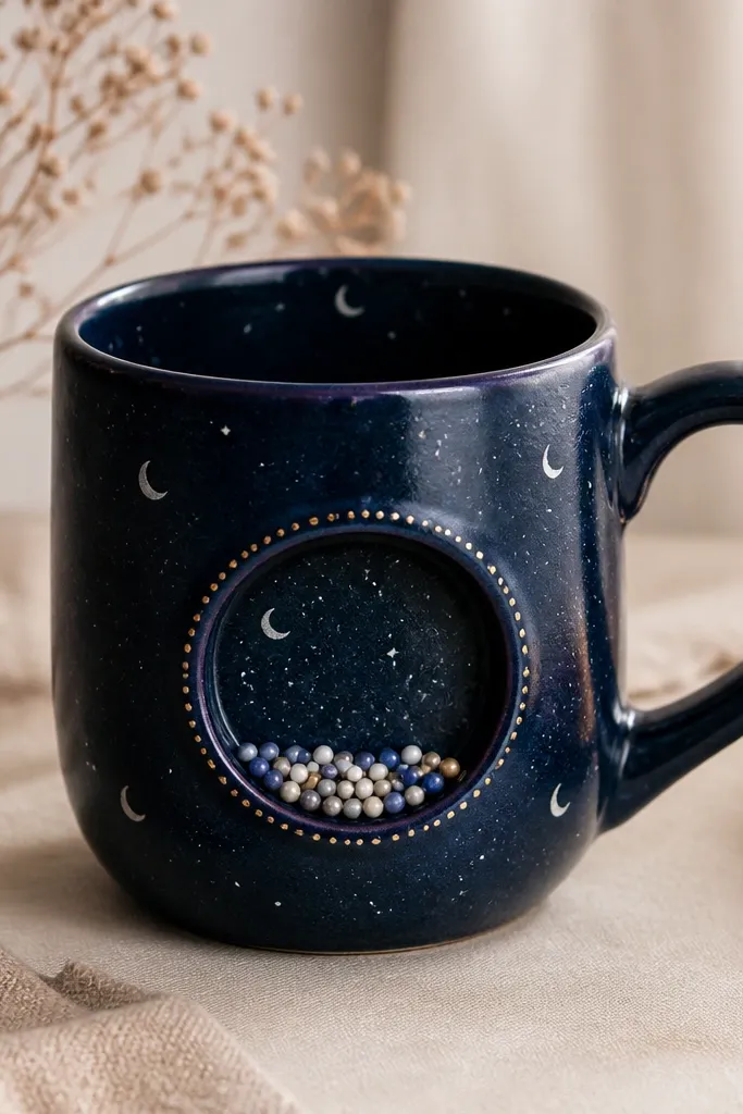 A deep navy mug with small white star dots and a few crescent moons. A circular pocket area on the side is painted like a small night sky patch with a dotted border, and tiny bead-like dots appear inside the pocket.