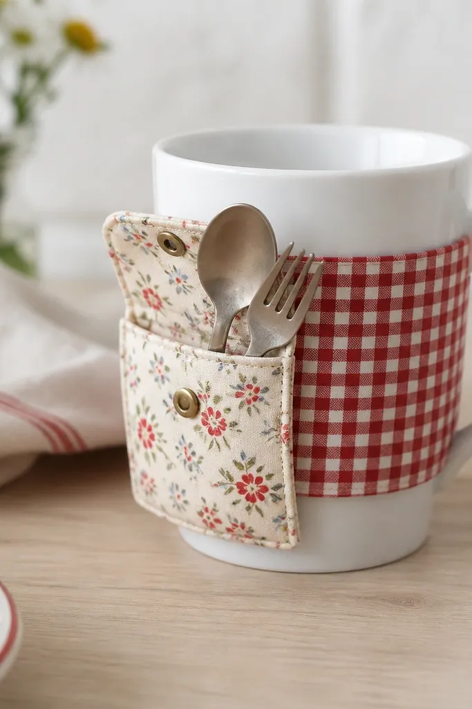 A white mug with a red-and-white checkered band around the middle. On one side there's a fold-out pocket made from patterned fabric, visible when open. The pocket holds a small fork and spoon.