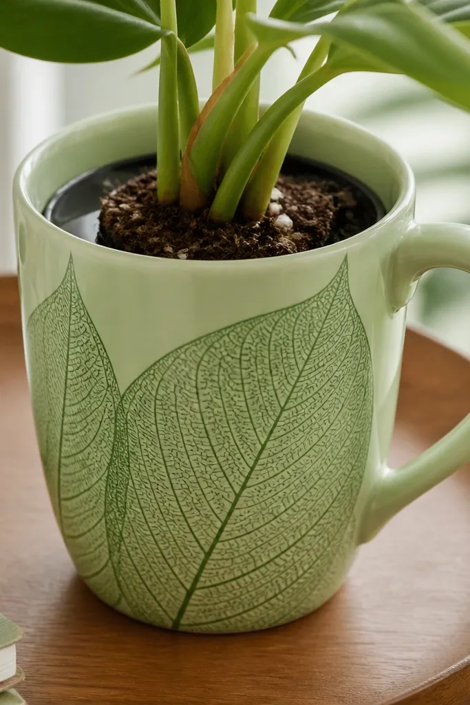A light green mug painted with leaf veins in darker green. The top has a reservoir ring visible inside, separating soil from a small water pocket. The inside rim is clean and glossy.