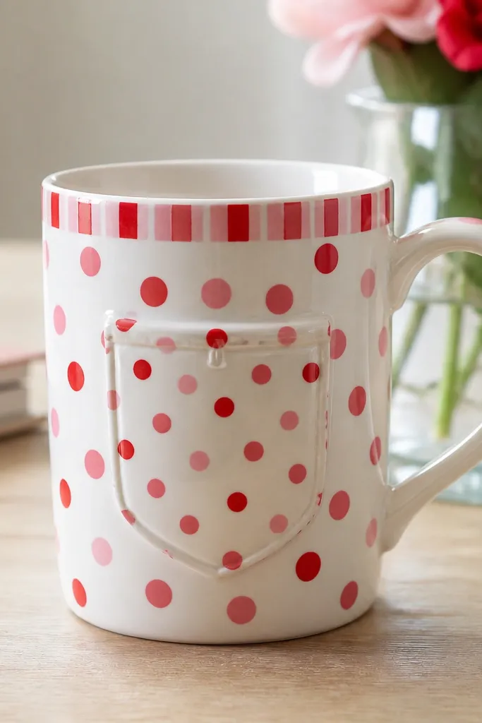 A white mug covered in pink and red polka dots with a small candy stripe band near the rim. On the front is a clip-top pocket shape painted in matching dots, with a small raised "clip" line drawn at the top edge.