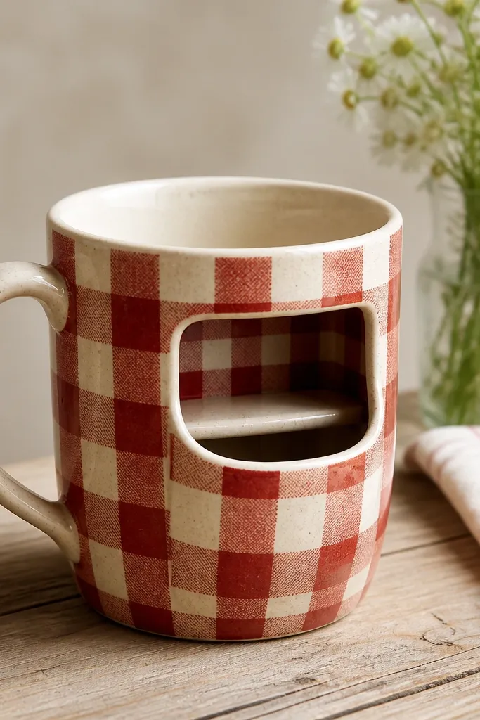 A mug painted with red-and-cream cottage check pattern. On the side is a pocket with a visible small interior shelf line where a spoon would rest, and the pocket interior shows a darker check pattern.