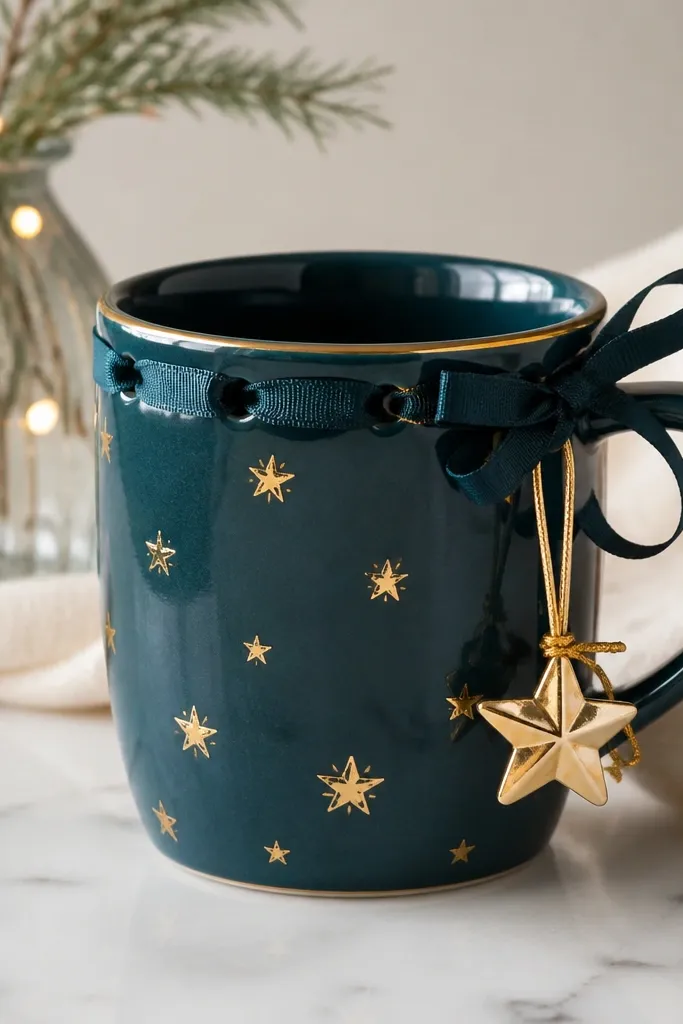 A deep teal mug painted with scattered gold stars. Around the upper rim is a ribbon loop ring where small ornaments or gift tags can hang. The ribbon is visible and the gold stars are shiny.