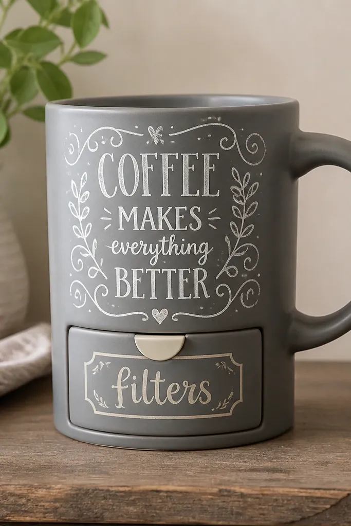 A light gray mug painted with chalkboard-style text and doodles in white and cream. A front drawer sits below the main text, with a small pull tab on the drawer face, and a painted label reading filters.