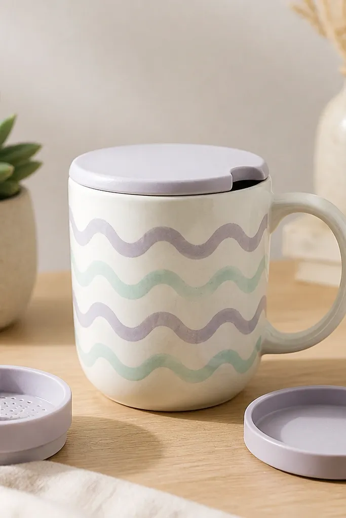 A pastel mug painted with repeating wave lines in lavender and seafoam. The top has a snap-on lid with a small opening and a removable insert. Beads are not painted inside; the storage is clean.