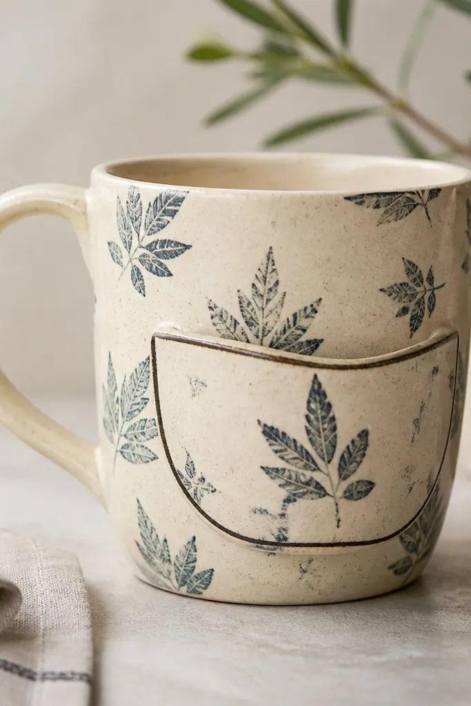 A cream mug with stamped leaf shapes and faint ink smudges. A raised side frame forms a pocket area, painted with the same leaf stamps, with a thin darker outline around the pocket opening.