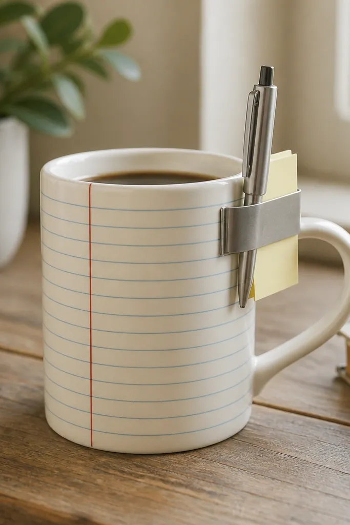 A mug painted like a notepad with faint blue horizontal lines and a red margin. On the side near the top is a small metal clip tray for holding a pen and a couple sticky notes. The clip tray is visible as a flat metal piece.