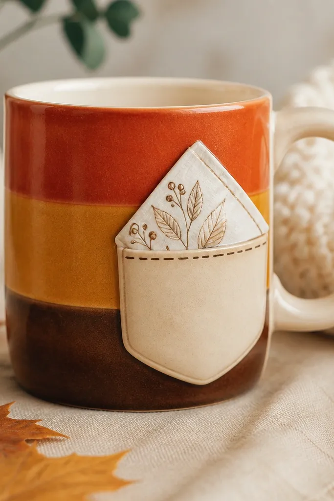 A mug with stacked autumn stripes in burnt orange, mustard, and deep brown. Next to the handle is a pocket pocket panel showing a folded napkin illustration, with a top opening cut line painted clearly.