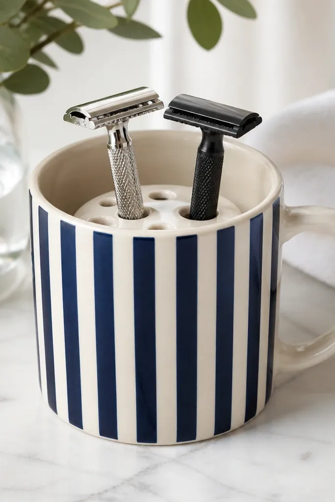 A white mug wrapped with navy vertical stripes. The top has a vented ring insert with small holes where razors sit upright. The inner wall around the ring is unpainted and glossy.