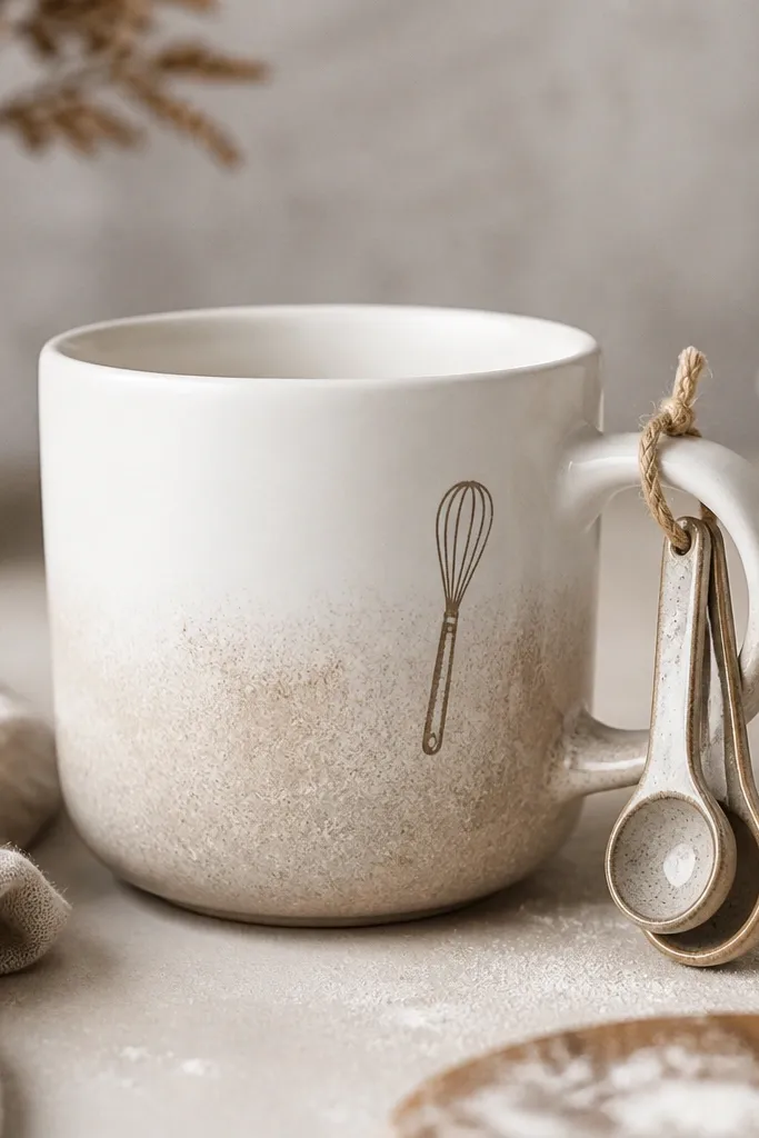 A white mug with a flour-dusted beige ombre at the lower half. A small hanging loop on the side holds measuring spoons. The mug has a subtle painted whisk icon near the handle.