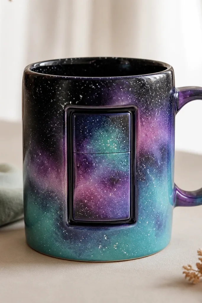 A mug with galaxy gradients in purple, teal, and black with star speckles. On the side is a rectangular recess where a small painted insert piece sits, and the insert has a visible magnet-like seam line.