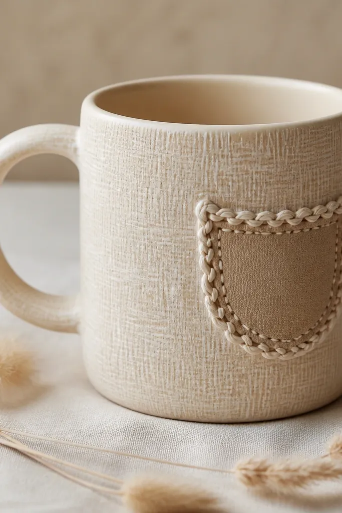 A beige mug painted with a faux linen texture using short strokes. A side pocket is outlined with a raised crochet-like pattern, and the pocket interior is a darker beige with a small stitched border.