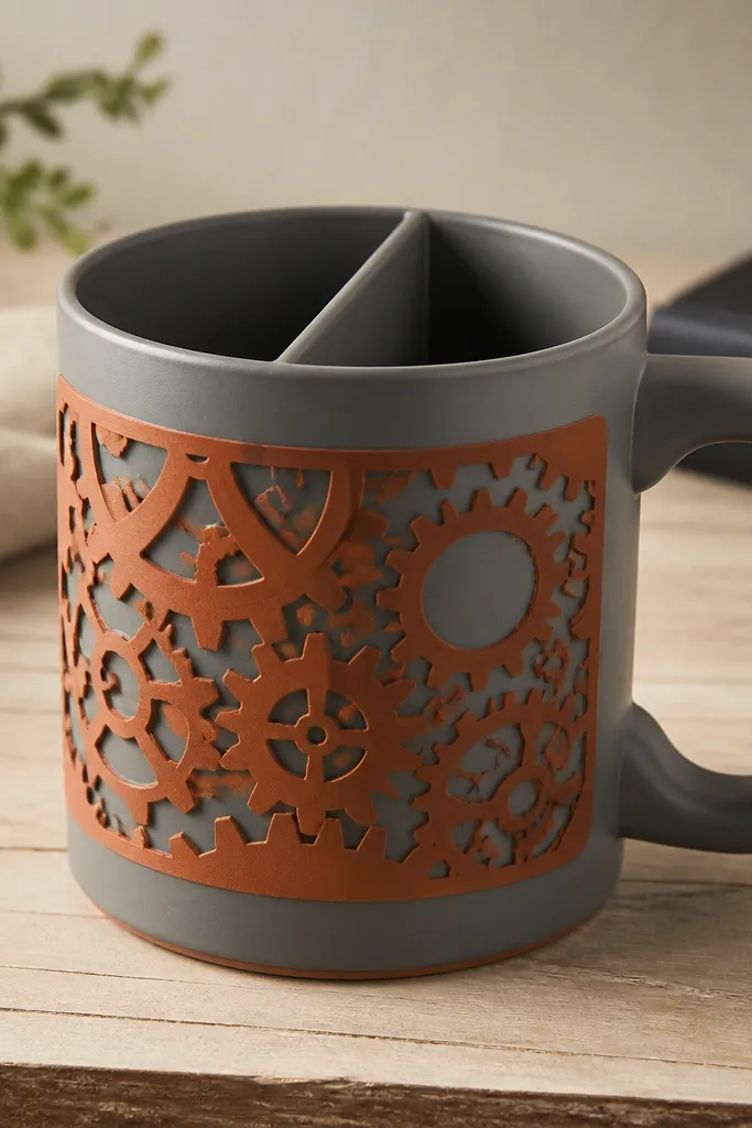 A gray mug painted with a rust-orange stencil panel shaped like gears. Inside the top opening is a compartment divider creating two sections. The divider is plain plastic, and the mug opening is clean.