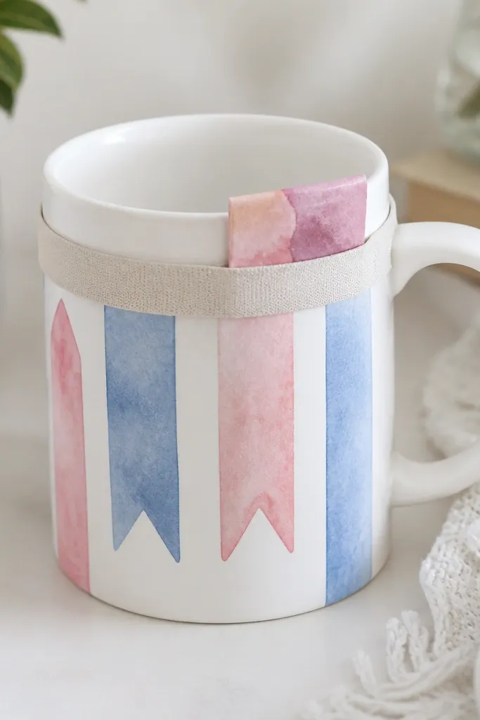 A white mug with watercolor bookmark shapes in pink and blue around the front. A visible elastic pocket band sits at the top edge holding a folded bookmark. The pocket is unpainted fabric, and the mug interior looks clean.