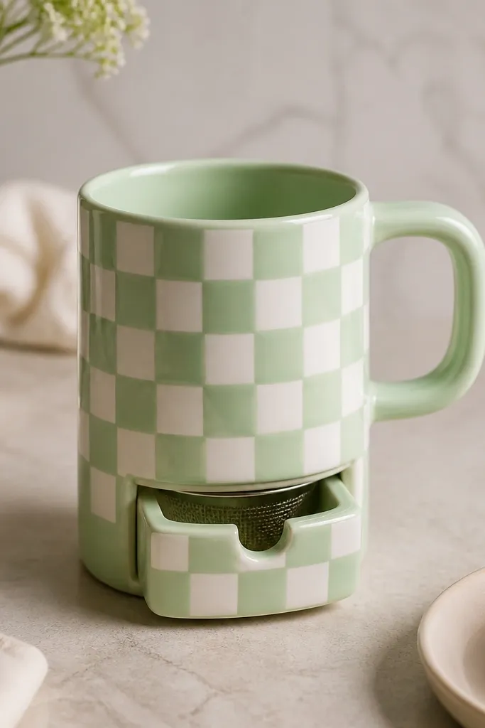 A mint green mug painted with repeating white check squares. Under the handle on the front is a small drawer opening where a tea infuser would sit, and the drawer face has a matching check pattern with a tiny pull notch.