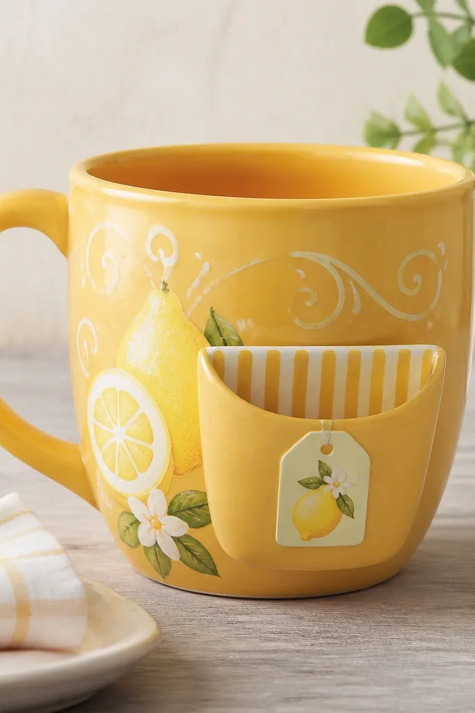 A bright yellow mug with hand-painted lemonade graphics and a pale cream script. On the side is a small pocket with a striped interior and a painted tag icon, with a top opening line and rounded corners.