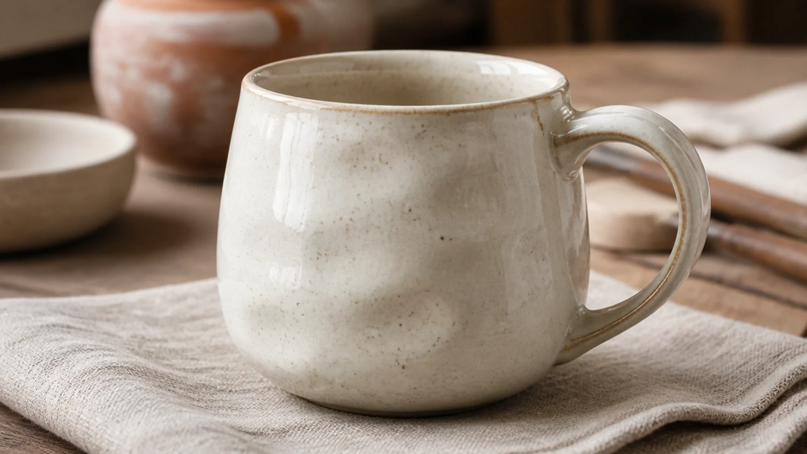 A rounded stoneware mug with soft finger-dimpled walls in a warm cream glaze, a small pulled handle, sitting on a linen napkin.