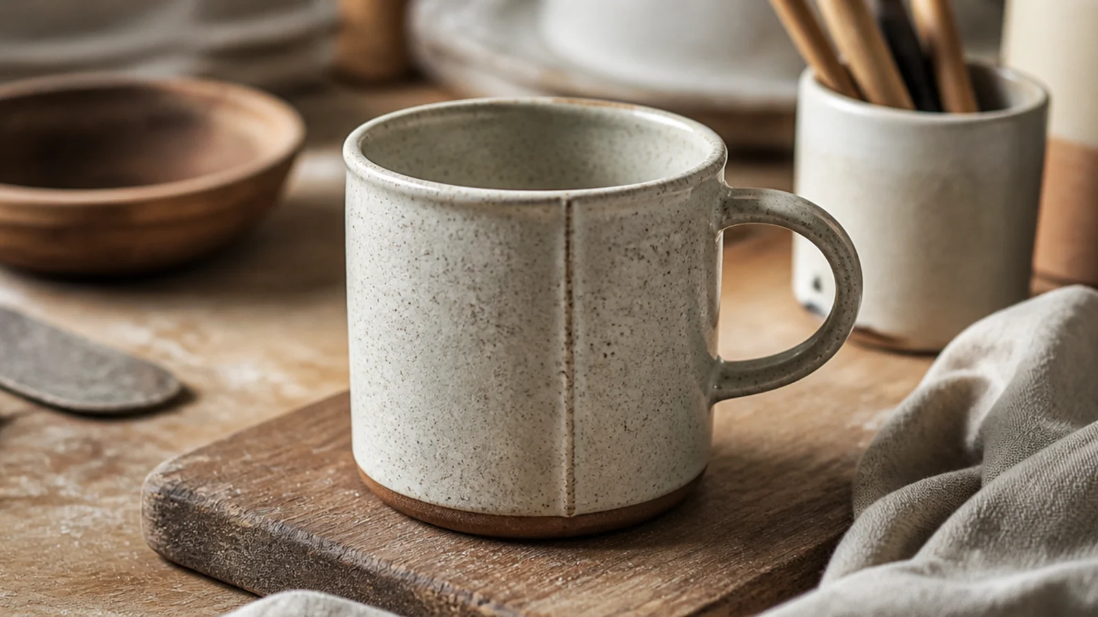 A straight-sided cylindrical mug in speckled white clay with a crisp vertical seam and a simple strap handle, on a wooden board.