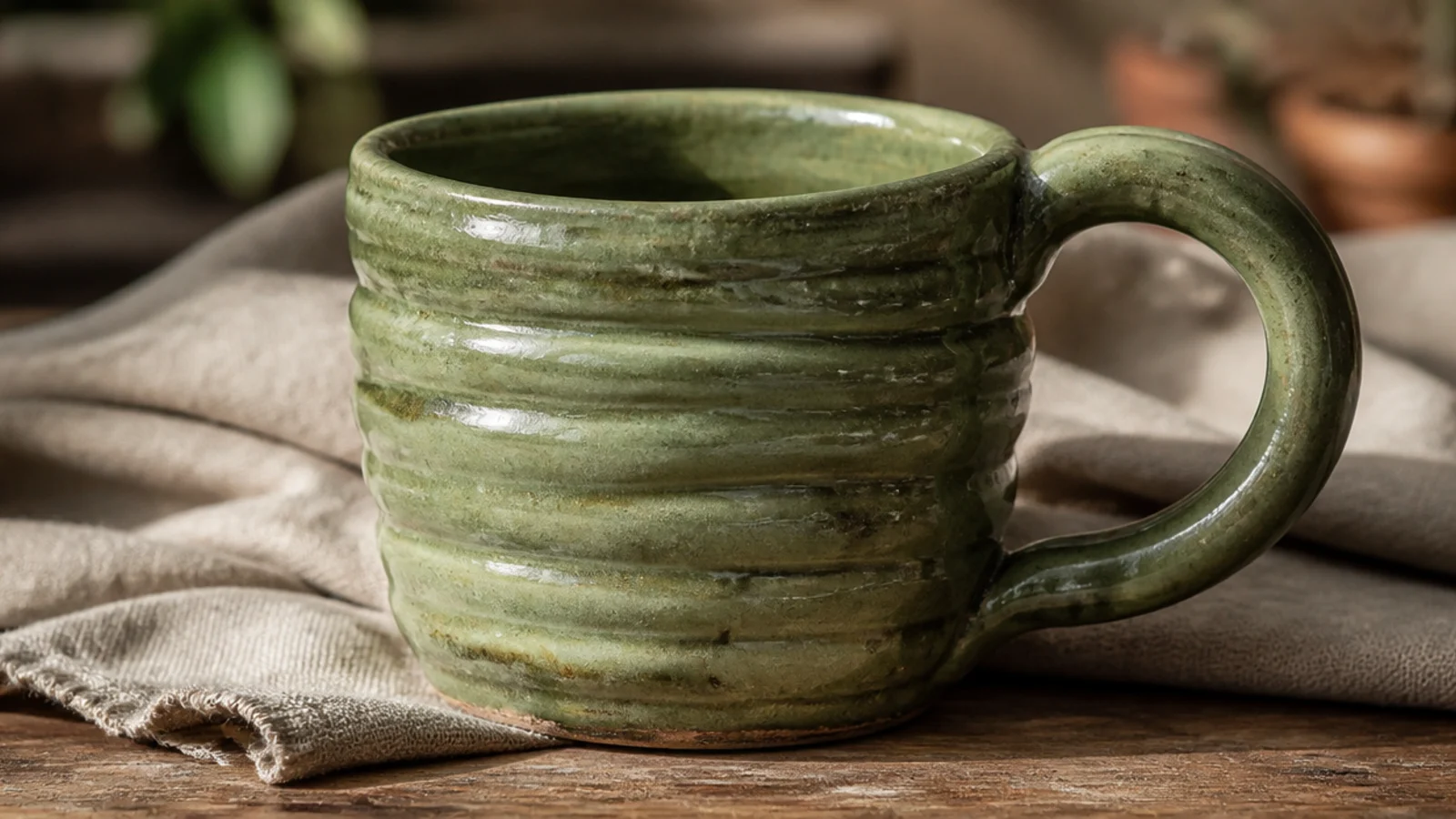 A slightly organic mug built from visible stacked clay coils left partly unsmoothed on the outside, glazed in sage green.