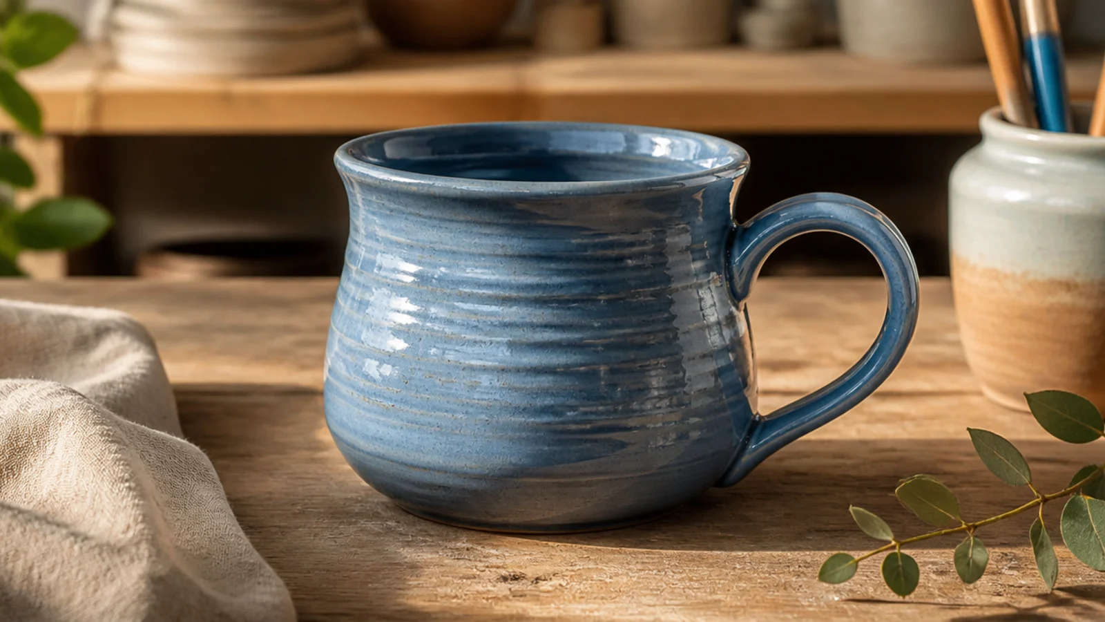 A smooth wheel-thrown mug with clean throwing rings spiraling up the sides, a pulled handle, glazed in glossy dusty blue.