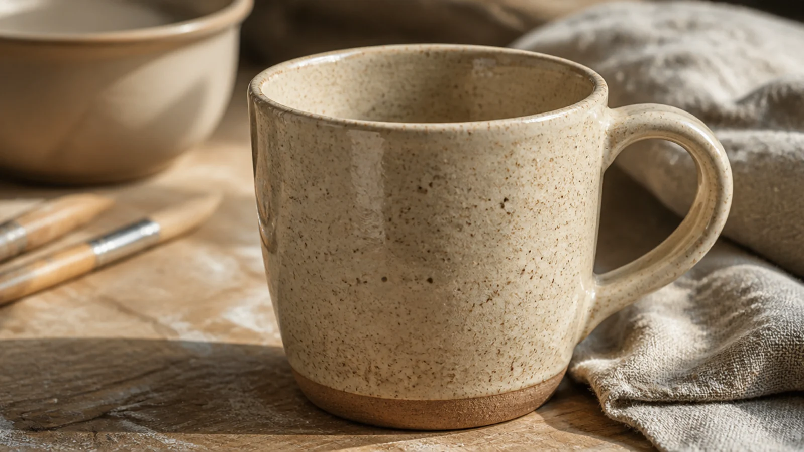 A simple mug in speckled buff clay with a clear glossy glaze showing the natural iron flecks, the raw clay foot left unglazed.