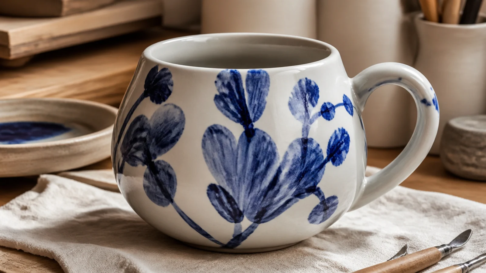 A white mug hand-painted with loose cobalt-blue brushstroke florals under a clear glossy glaze, like painted porcelain.