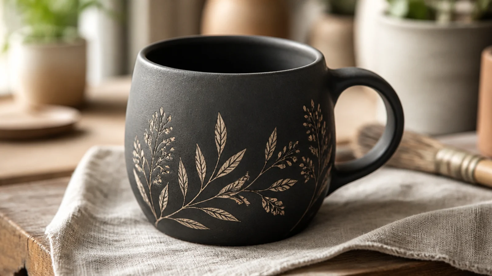 A dark-slip mug with a botanical pattern scratched through to reveal the pale clay beneath, crisp fine lines, matte finish.