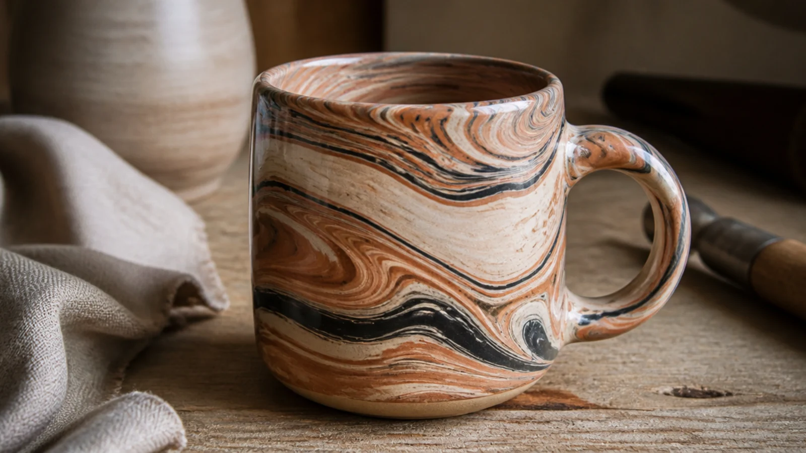 A mug with swirling marbled clay in cream, terracotta, and charcoal running all the way through the walls, clear glazed.
